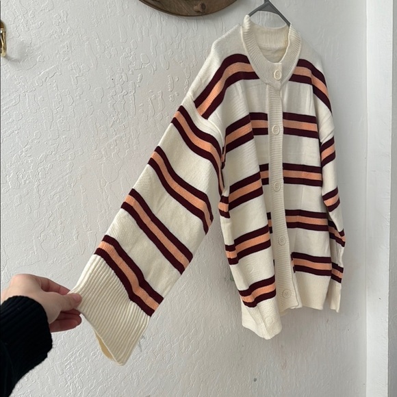 Striped Cardigan Chunky Buttons Soft Casual White Maroon Orange Size XL - Picture 3 of 4